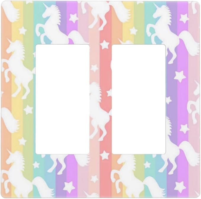 Colorful Kids Girl Cute Rainbow Purple Pink Yellow Stripes Unicorn 2 Gang Screwless Double Decorator/GFCI Wall Plate Rocker Outlet Light Switch Decorative Two Dual Device Receptacle Face Plate Cover