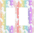 Colorful Kids Girl Cute Rainbow Purple Pink Yellow Stripes Unicorn 2 Gang Screwless Double Decorator/GFCI Wall Plate Rocker Outlet Light Switch Decorative Two Dual Device Receptacle Face Plate Cover