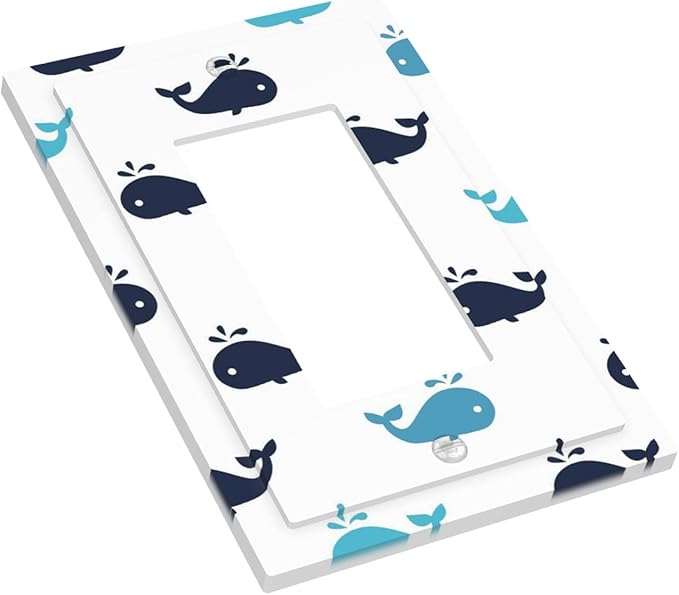 Cute Blue Whales Single Rocker Switch Cover - 1-Gang Standard US Size Nautical Whale Pod Light Switch Covers, Minimalist Coastal for Nursery Decor