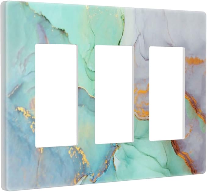 Teal Green Marble 3 Gang Triple Rocker/Decor Light Switch Wall Plate Cover Decorative Electrical Faceplate for Kids Living Room Bedroom Decor Screwless 6.57" x 4.65