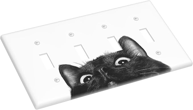 Peeping Black Cat Cute Animals Light Switch Covers Quad Toggle Electrical Faceplate 4 Gang Wall Plate Decorative Switch Plates for Kids Room Home Decor