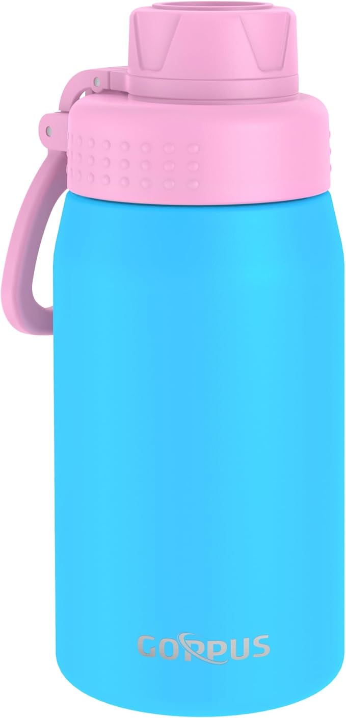 GOPPUS 15oz Kids Water Bottle with Spout Lid, Toddler Water Bottle, Stainless Steel Insulated Water Bottle, Leakproof, BPA Free, Suitable for Boys and Girls for School（Sky Blue）