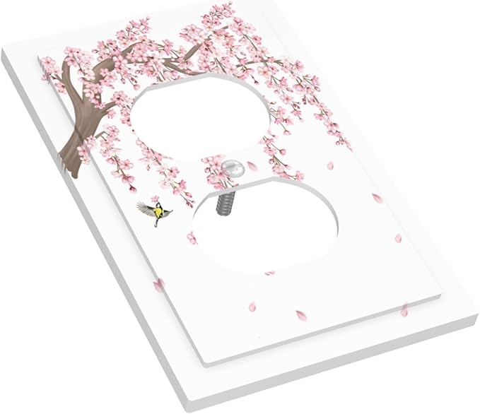 Pink Flower Tree Branch Cherry Blossom Tree Floral Birds Outlet Covers 1 Gang Duplex Light Switch Cover Decorative Switch Plates Electrical Receptacle Faceplate Wall Plate for Bedroom Living Room