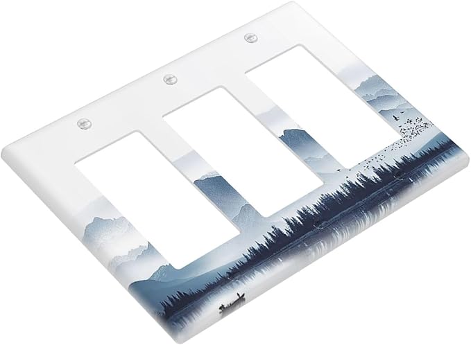 Light Switch Covers Mountain Foggy Lake Boat Grey Blue Forest Birds 3 Gang Rocker Electrical GFCI Decorative Triple Outlet Wall Plate Cover Switchplate for Bedroom living Room Decor