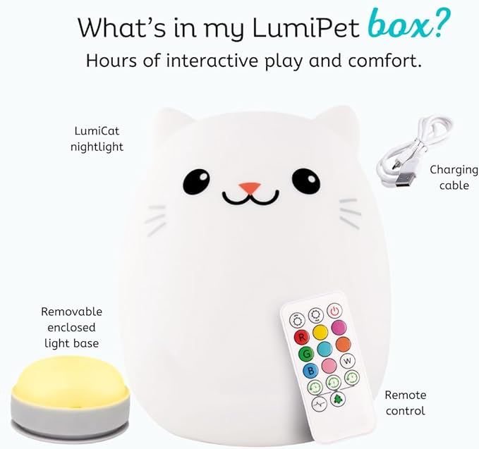 Lumipets Clive The Cat Squishy Silicone Night Light for Kids | Cute Night Light with Remote & Touch Control for Baby & Toddler Bedrooms | Color Changing Portable Animal Nightlight | Kids Mood Lamp