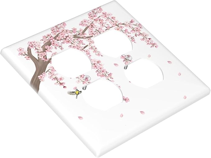 Pink Flower Tree Branch Cherry Blossom Tree Floral Birds Outlet Covers 2 Gang Double Duplex Decorative Light Switch Covers Electrical Wallplates Socket Faceplate for Bedroom Living Room Decor