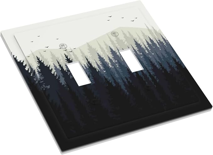 Decorative Switch Plates Forest Pine Tree Mountains Black Bird 2 Gang Double Toggle Outlet Light Switch Cover Wall Plate Electrical Faceplate For Bed Room Farmhouse Decor