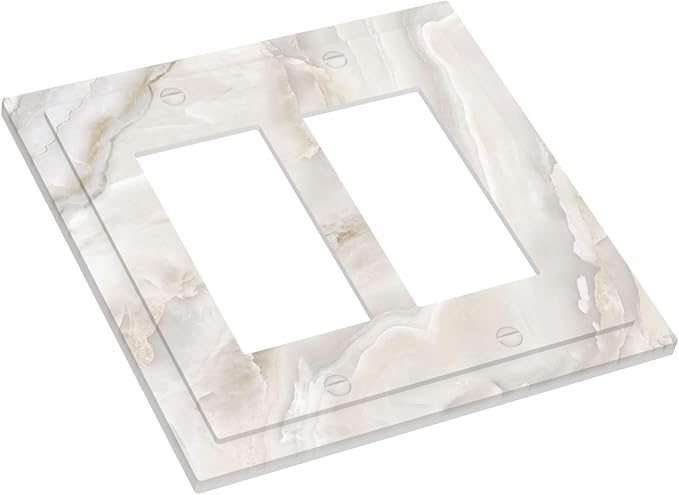 Abstract Luxury White Marble Texture Decorative Outlet Covers 2 Gang Double GFCI Rocker Electrical Wall Panels Light Switch Cover Plate for Bathroom Kitchen Living Room Decor