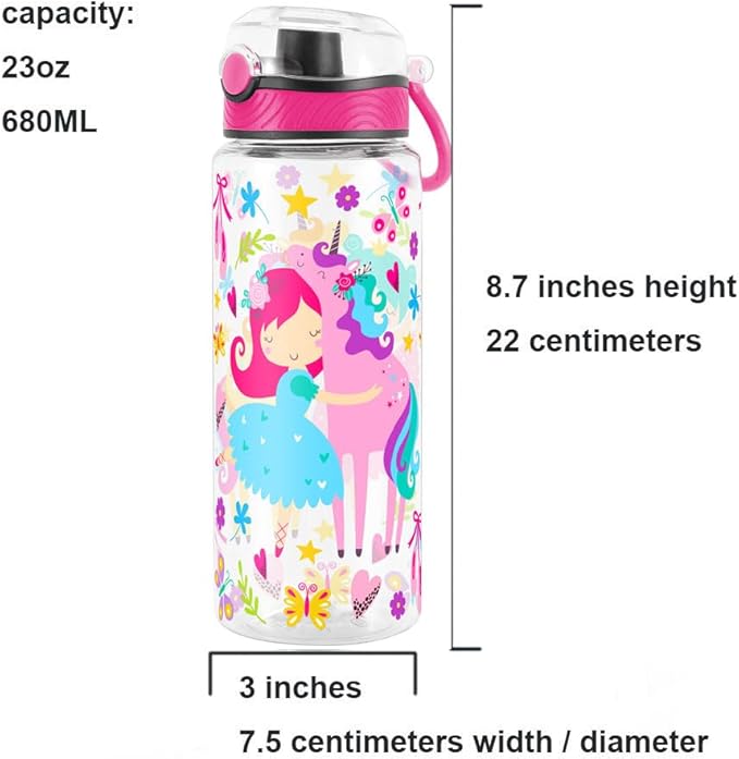 Home Tune Cute Water Bottle for School Kids Girls, BPA FREE Tritan & Leak Proof & Easy Clean & Carry Handle, 23oz/ 680ml - Girl & Unicorn