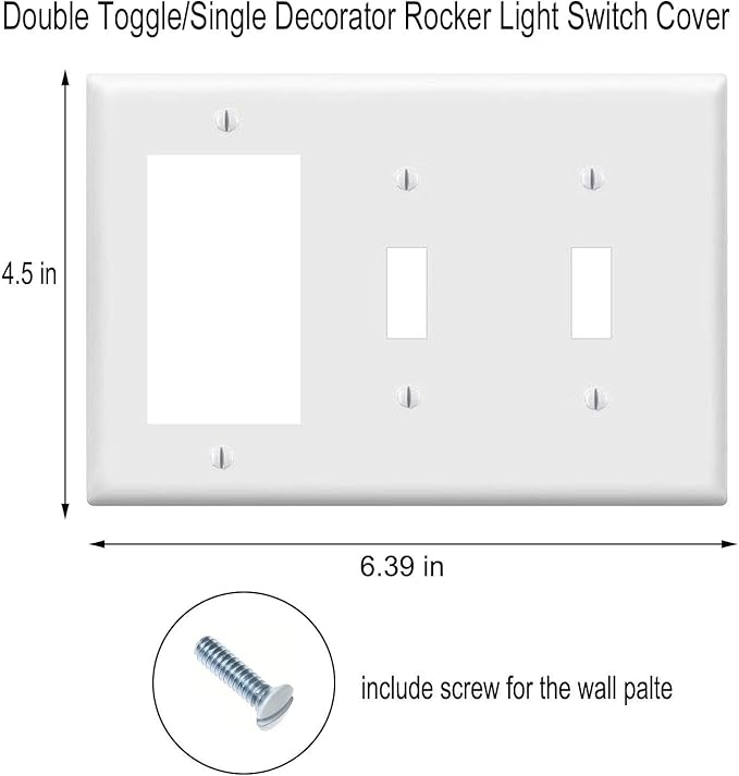 Combination Double Toggle/Single Decorator Rocker Outlet Light Switch Wall Plates 3-Gang Switch Electrical Cover Plate Unbreakable Thermoplastic Faceplate, White (6 Pack)