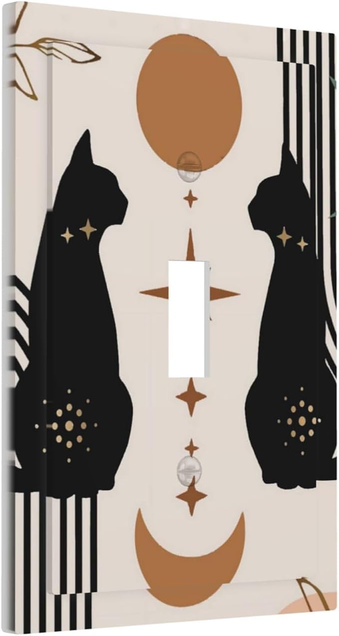Cute Mid Century Abstract Black Boho Moon Cat Single Toggle Light Switch Plates Outlet Covers Decorative Electrical Wall Plate Receptacle Switchplate Decorate Plug Cover Living Room Bathroom Decorate