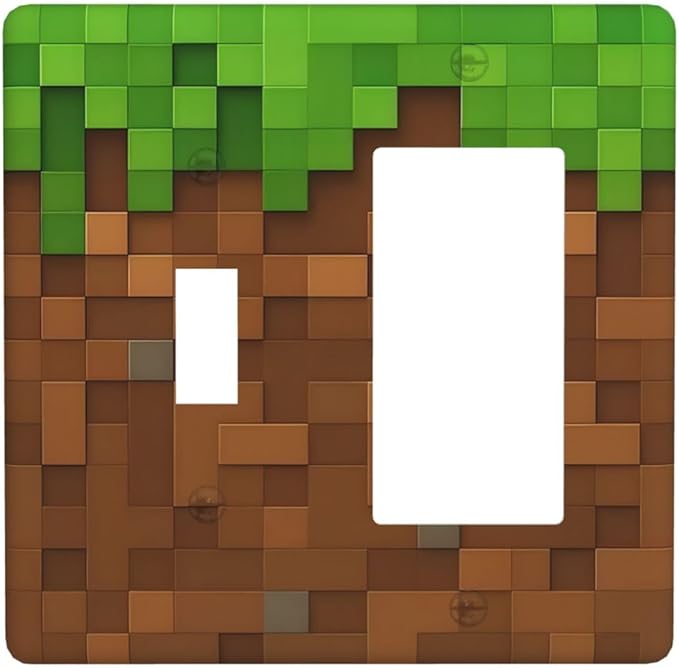 Pixel Style Gamer Themed Grass Block Outlet Covers 1 Toggle 1 Rocker Combination Decorative Wall Plate Electrical Switch Plates Light Switch Cover Plate for Kids Room Office Home Decor