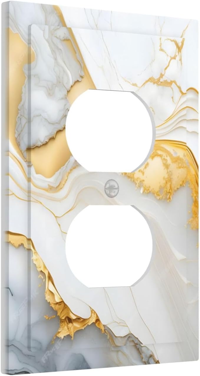 Exquisite White Gold Marble Abstract Luxurious Print Outlet Covers 1 Gang Duplex Light Switch Cover Decorative Switch Plates Electrical Receptacle Faceplate Wall Plate for Bathroom Kitchen Decor