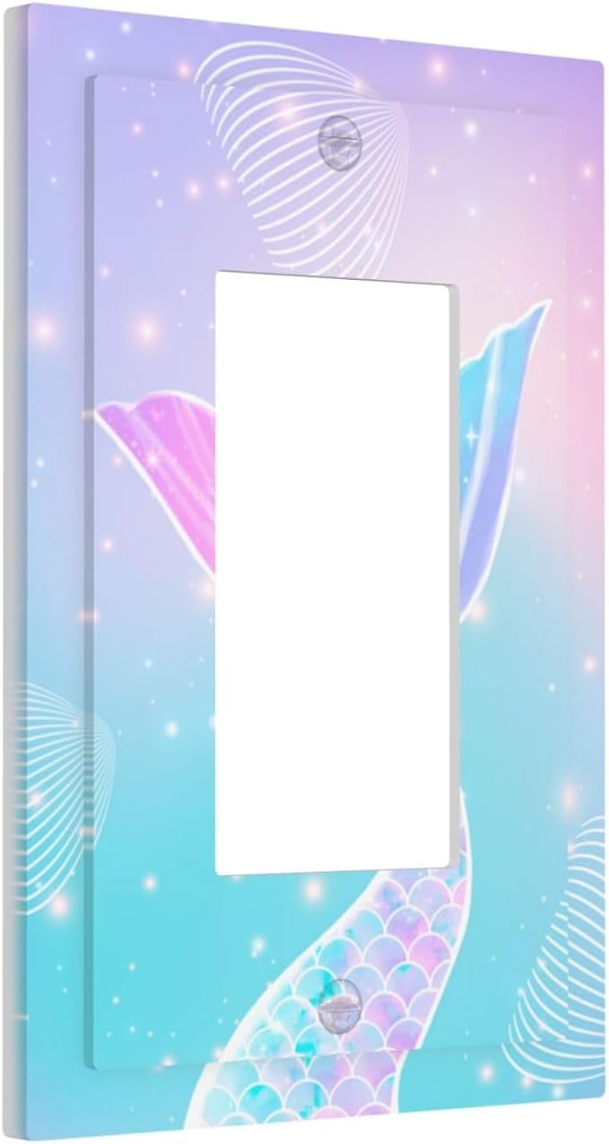 Mermaid Single Light Switch Cover Plate Rainbow Tail Scales Jelly Fish 1 Gang Rocker Outlet Covers Decorative Electrical GFCI Wallplate for Nursery Girls Boys Room Kids Room Décor