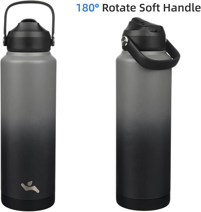 Konokyo Insulated Water Bottle with Straw Lid,40 oz Stainless Steel Vacuum Metal Bottle with Silicone Handle,Gray Black