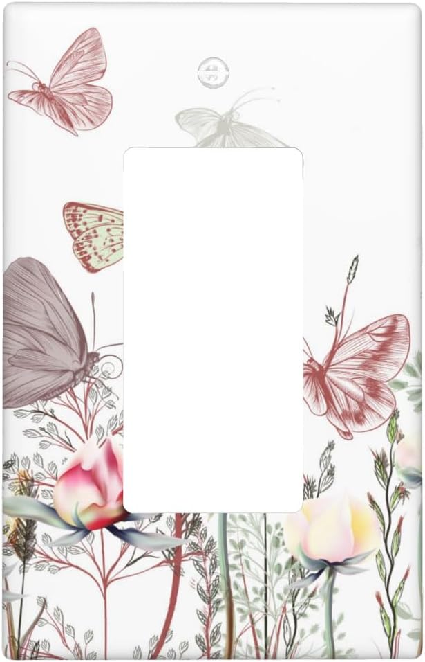 Wildflower Butterfly 1-Gang Rocker Wall Plate, Pink Floral Vintage Switch Plate for Home, Living Room, Bedroom & Sunroom