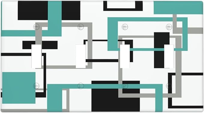 Geometric Turquoise Black Gray Modern Abstract Boho Light Switch Covers Quad Toggle Electrical Faceplate 4 Gang Wall Plate Decorative Switch Plates Cover for Office Nursery Decor