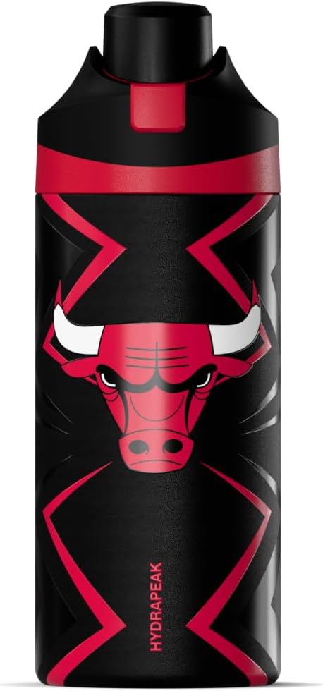 Hydrapeak x NBA Officially Licensed Chicago Bulls Oasis 20 oz Insulated Kids Water Bottle, Stainless Steel Water Bottle Kids with Chug Lid, Push Button