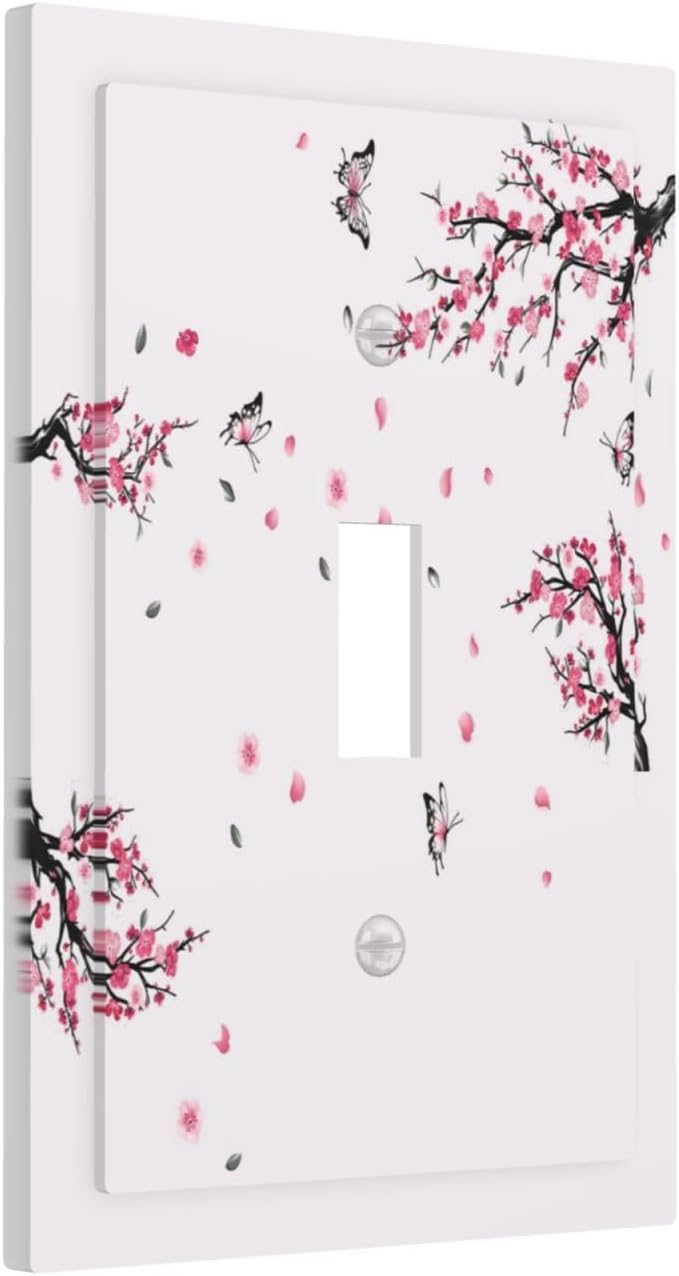 Pink Watercolor Cherry Blossom Flowe Tree Branch Floral Decorative Light Switch Cover 1 Gang Single Toggle Device Electrical Faceplate Switchplates Decorator Outlet Wall Plate for Bedroom Living Room