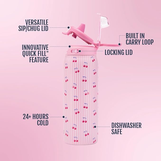 Ello Kids Pop & Fill 18oz Toddler Water Bottle with Quick Fill Lid, Double-Wall Vacuum Insulated Stainless Steel, Leak Proof, BPA Free, Sip & Chug, For School, Lunchboxes, Preppy Cherries