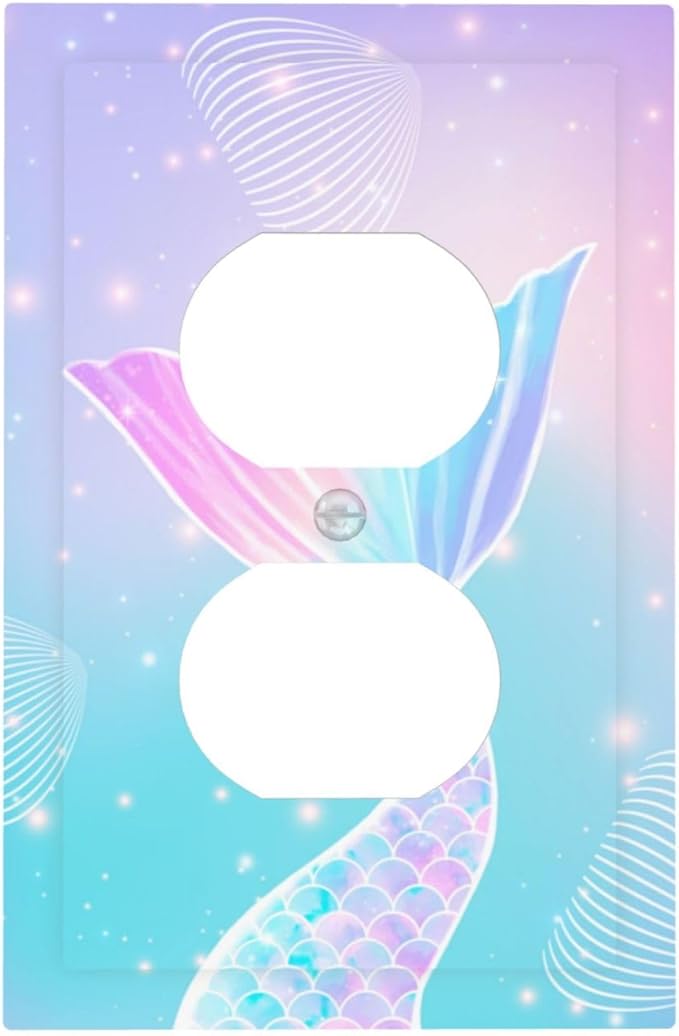 Mermaid 1 Gang Electrical Duplex Outlet Covers Light Switch Cover Receptacle Rainbow Tail Scales Jelly Fish Wall Plate Decorative Faceplate for Nursery Girls Boys Room Kids Room Decor