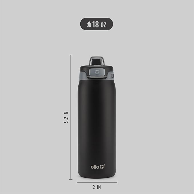 Ello Pop & Fill 18oz Stainless Steel Kids Water Bottle with Quick Fill Lid | Vacuum Insulated BPA Free Bottle with Leak Proof Straw and Chug Lid, Dishwasher Safe, Gift For Kids Teens, Tonal Black
