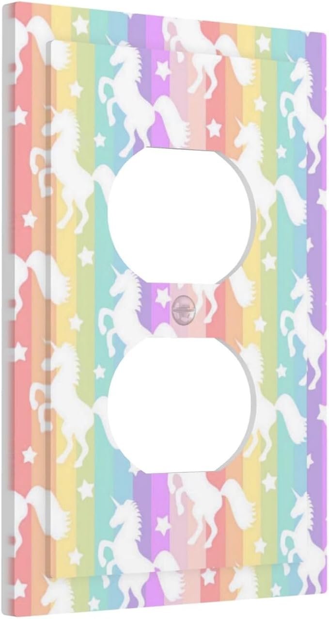 1 Gang Single Duplex Receptacle Outlet Cover Funny Kids Girl Cute Colorful Rainbow Unicorn Purple Pink Yellow Blue Electrical Wall Plate One Gang Dual Device Light Switch Faceplate Socket Plug Cover