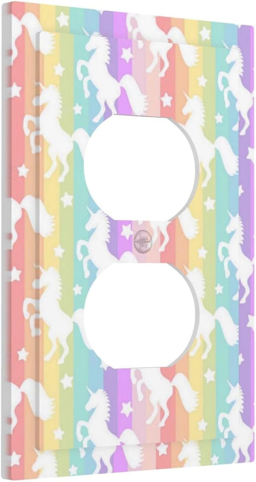 1 Gang Single Duplex Receptacle Outlet Cover Funny Kids Girl Cute Colorful Rainbow Unicorn Purple Pink Yellow Blue Electrical Wall Plate One Gang Dual Device Light Switch Faceplate Socket Plug Cover