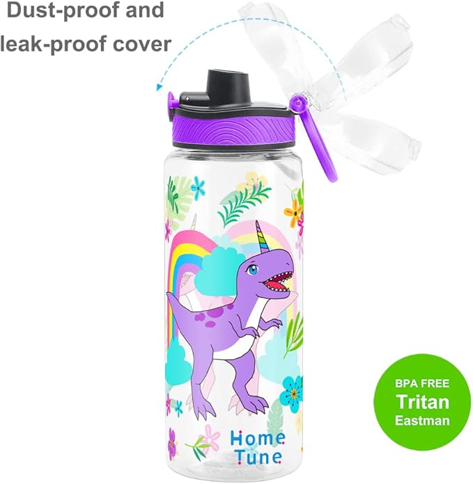 Home Tune Cute Water Bottle for School Kids Girls, BPA FREE Tritan & Leak Proof & Easy Clean & Carry Handle, 23oz/ 680ml (Rainbow Dinosaur)