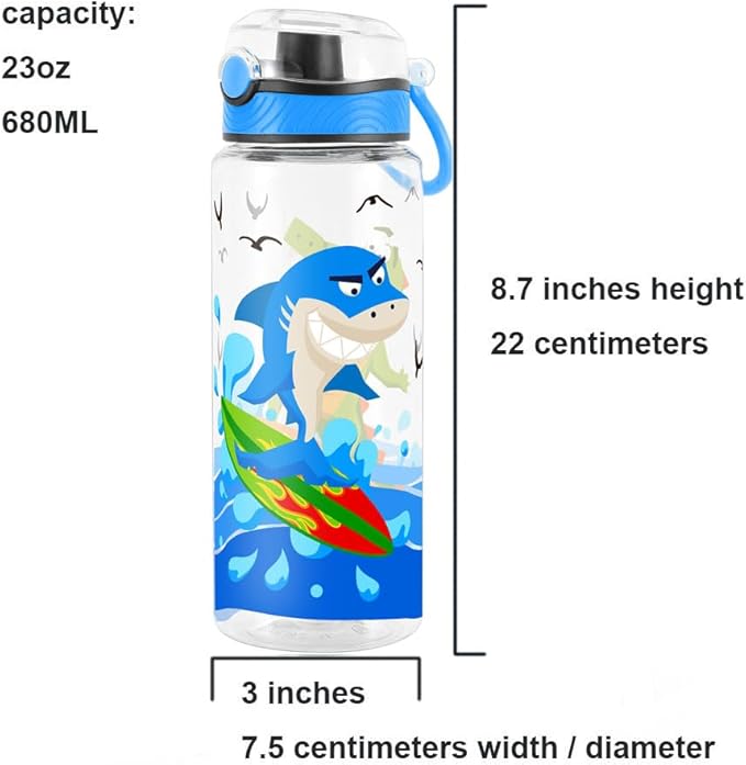 Home Tune Cute Water Bottle for School Kids Girls, BPA FREE Tritan & Leak Proof & Easy Clean & Carry Handle, 23oz/ 680ml - Shark