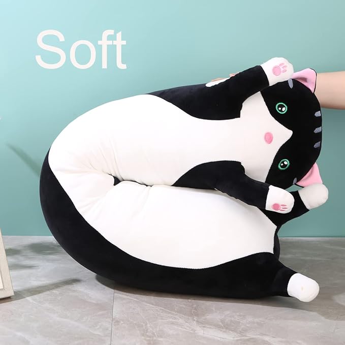 Giant Cat Pillow Plush Cartoon Kitty Sleeping Hugging Pillow, Cuddly Soft Long Kitten Body Pillow Doll Cat Cushion Toy for Kids Girlfriend (Black, 150cm/59inch)