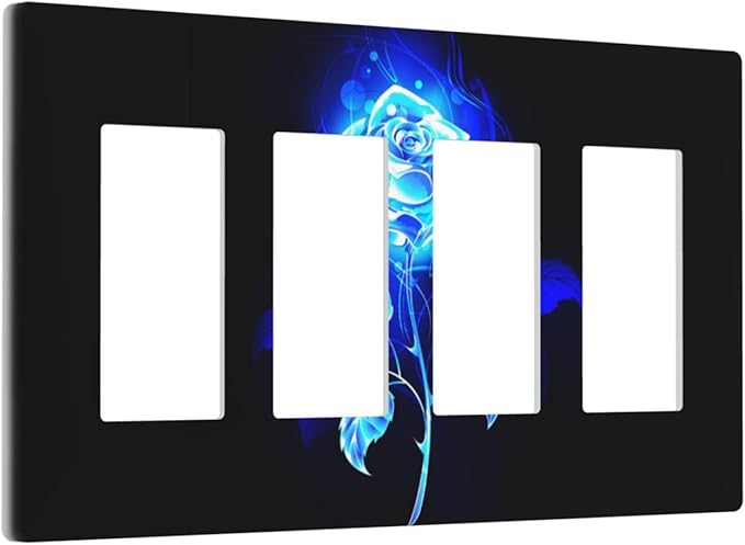 Blue Golden Rose Flower 4 Gang Quad Rocker Light Switch Cover Plate Decorative Electric Faceplate Switchplate Living Room Bedroom Decorate Jumbo Screwless