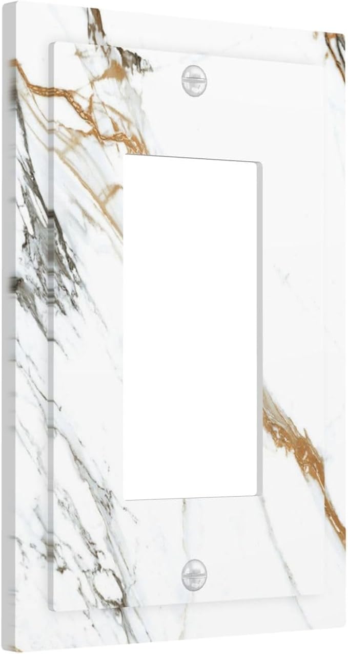 White Gold Marble Modern Abstract Luxury Print Decorative Outlet Covers 1 Gang Single Rocker Light Switch Cover Plate Wall Plates GFCI Faceplate for Bathroom Kitchen Decor