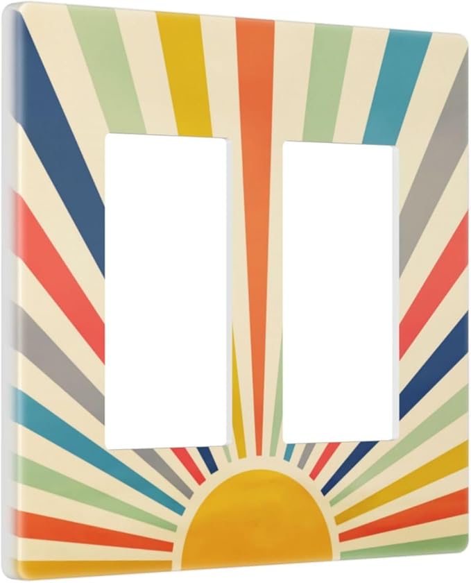 Retro Vintage Hippie Rainbow Boho 70s Mid Century Sun Abstract Sunrise 2 Gang Screwless Double GFCI Decorator/Rocker Outlet Light Switch Wall Plate Covers Decorative Dual Device Receptacle Faceplate