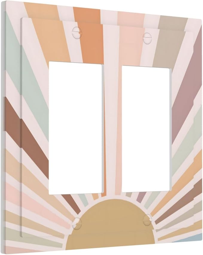Boho Sun Rainbow Retro Aesthetic Abstract Art Sunrise Sunset Decorative Outlet Covers 2 Gang Double GFCI Rocker Electrical Wall Panels Light Switch Cover Plate for Kids Room Bedroom Decor
