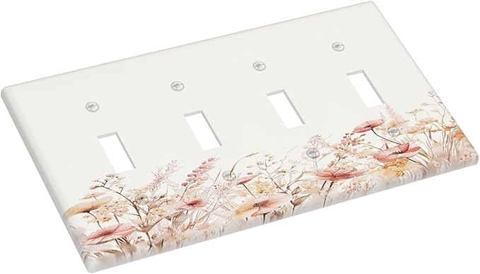 Light Switch Cover Plate Boho Floral Watercolor Flower Pattern 4 Gang Quad Toggle Wall Plate Electrical Outlet Cover Decorative Switch Plate Covers for living Room Home Decor