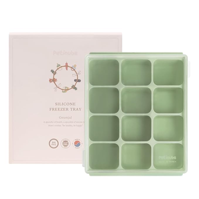 Silicone Freezer Tray, Baby Food Storage Cubes with Clip-On Lid, Freeze Baby Food, Soups, Purees, Ice, Easy and Safe Design, Made in Korea (12, Celadon Green)
