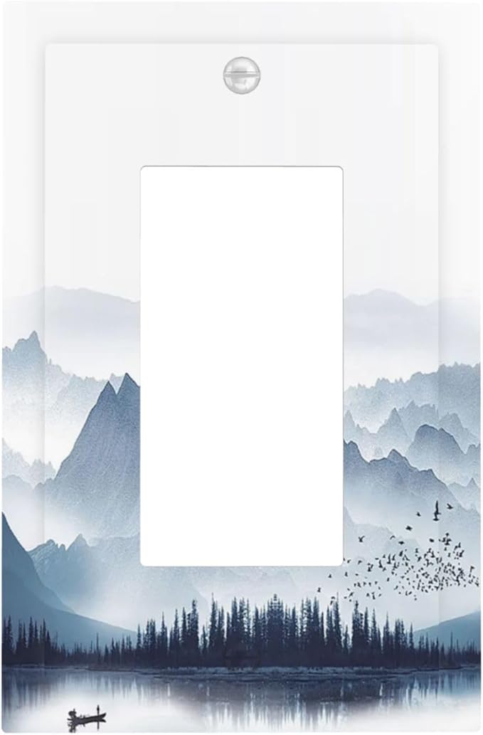 Decorative Outlet Covers Mountain Foggy Lake Boat Grey Blue Forest Birds 1 Gang Single Rocker Light Switch Cover Plate Wall Plates GFCI Faceplate for Bedroom living Room Decor