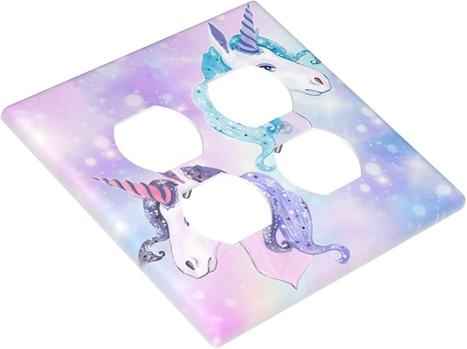 Lovely Fantasy Kid Girl 2-Gang Device Duplex Wall Plate, Cute Funny Cartoon Colorful Rainbow Purple/Blue Unicorn Decorative Two Gang Double Duplex Receptacle Socket Outlet and Light Switch Cover Plate
