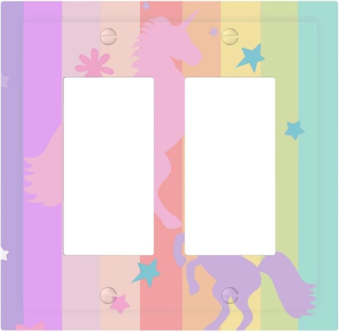 Cute Purple Pink Rainbow Unicorn Double Rocker Light Switch Cover Plate 2 Gang Outlet Covers Switchplates Wallplate Decorative Electrical Faceplate for Nursery Girls Boys Room Kids Room Decor