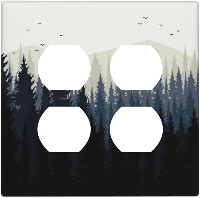 Outlet Covers Forest Pine Tree Mountains Black Bird 2 Gang Double Duplex Decorative Light Switch Covers Electrical Wallplates Socket Faceplate For Bed Room Farmhouse Decor