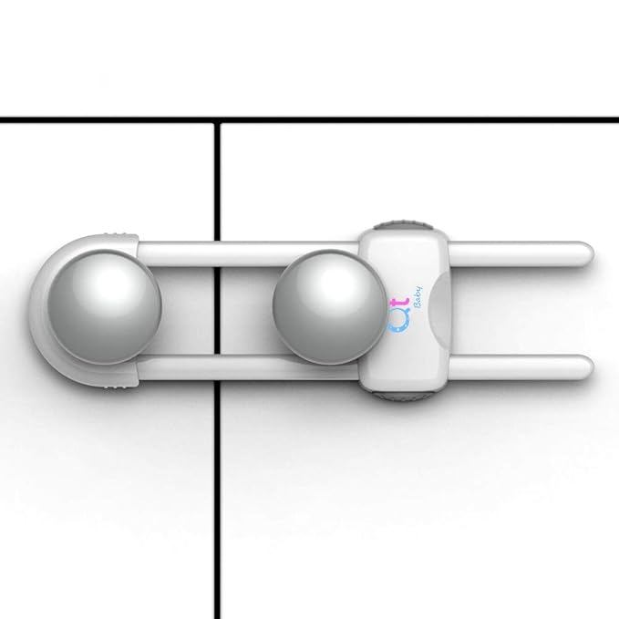QT BABY - Pack of 12 - Baby Proofing Cabinet Locks Adjustable U Shaped Baby Safety Latches for Drawers, Fridge, Closet Modern Baby Proofing Cabinet Lock with Extra Secure Lock Buttons (White)