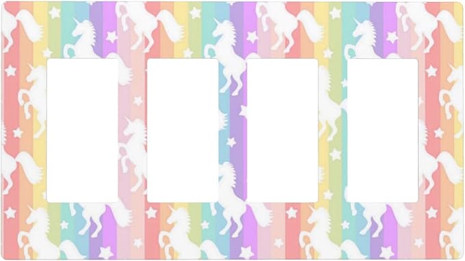 Colorful Kids Girls Cute Purple Rainbow Unicorns 4 Gang Quad Screwless Rocker/GFCI/Decorator Outlet Light Switch Cover Wall Plate Nursery Decorative Electric Device Faceplate Decorative Switchplate