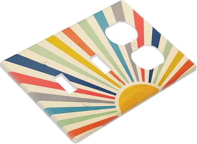 70s Hippie Bohemian Minimalist Aesthetics Art Mid Century Boho Abstract Sun 3 Gang Combination 2 Toggle 1 Duplex Receptacle Light Switch Wall Plates Device Combo Two Toggle One Receptacle Outlet Cover