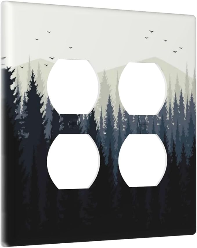Outlet Covers Forest Pine Tree Mountains Black Bird 2 Gang Double Duplex Decorative Light Switch Covers Electrical Wallplates Socket Faceplate For Bed Room Farmhouse Decor