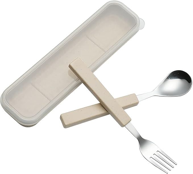 VANRA 2-Piece Children Flatware Set 18/10 Stainless Steel Child Tableware Set Silver Cutlery Set Silverware Dinner Utensils Spoon Fork Set with Travel Case for Kids Toddlers (Chrome Finished) (Cream)