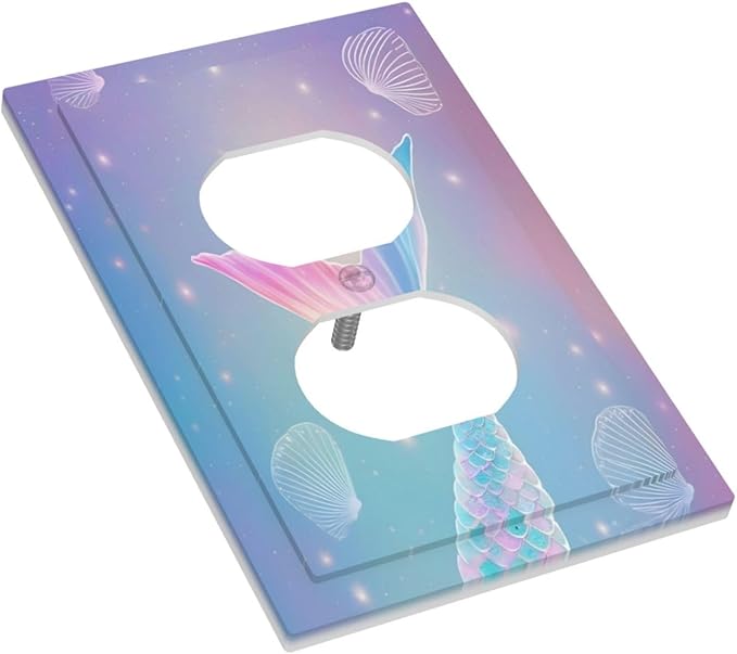 Cute Mermaid Pink Tail Scales Shells Colorful Ocean Outlet Covers 1 Gang Duplex Light Switch Cover Decorative Switch Plates Electrical Receptacle Faceplate Wall Plate for Kids Room Nursery Decor