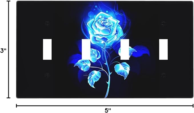 Blue Golden Rose Flower 4 Gang Device Light Switch Cover Decorative Quad Toggle Wall Plate Decorative Electrical Faceplate for Home Bedroom Art Decorate