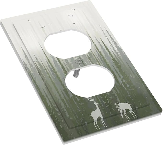 Green Pine Tree Deer Country forest Bird Nature Mist Outlet Covers 1 Gang Duplex Electrical Receptacle Faceplate Light Switch Cover Wall Plate Decorative Switch Plates for Bedroom Home Decor