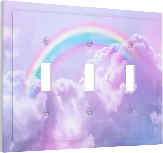 Rainbow in the Clouds Triple Toggle Wall Plates Pink Art Panel 3 Gang Light Switch Cover Decorative Purple Cloud Electrical Switchplate Faceplate Cute Dimmer for Bedroom Kidroom Nursery Decor